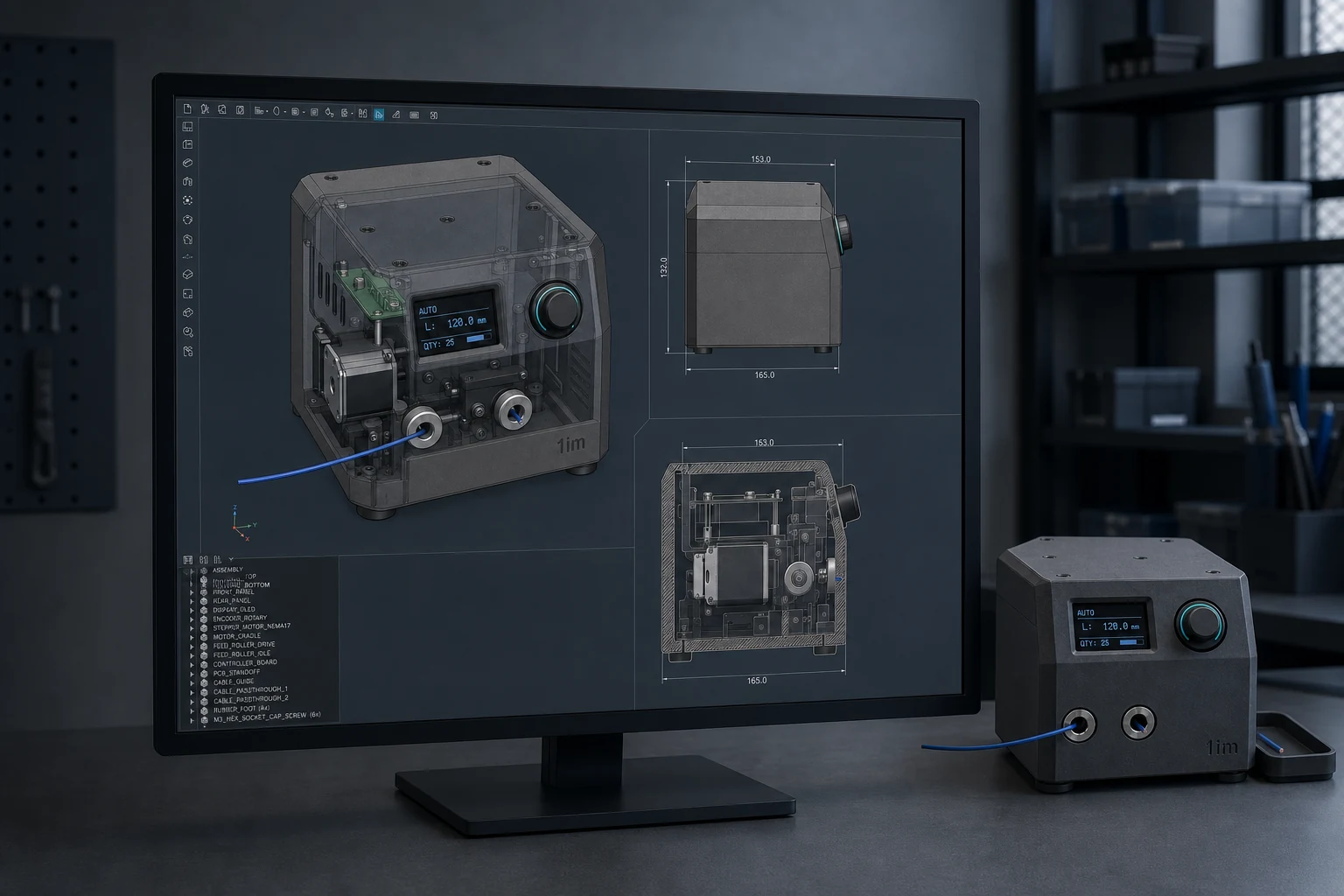 Motor, elektronik kart ve kablo kanalları gösterilen ürünün bilgisayardaki teknik CAD çizimi
