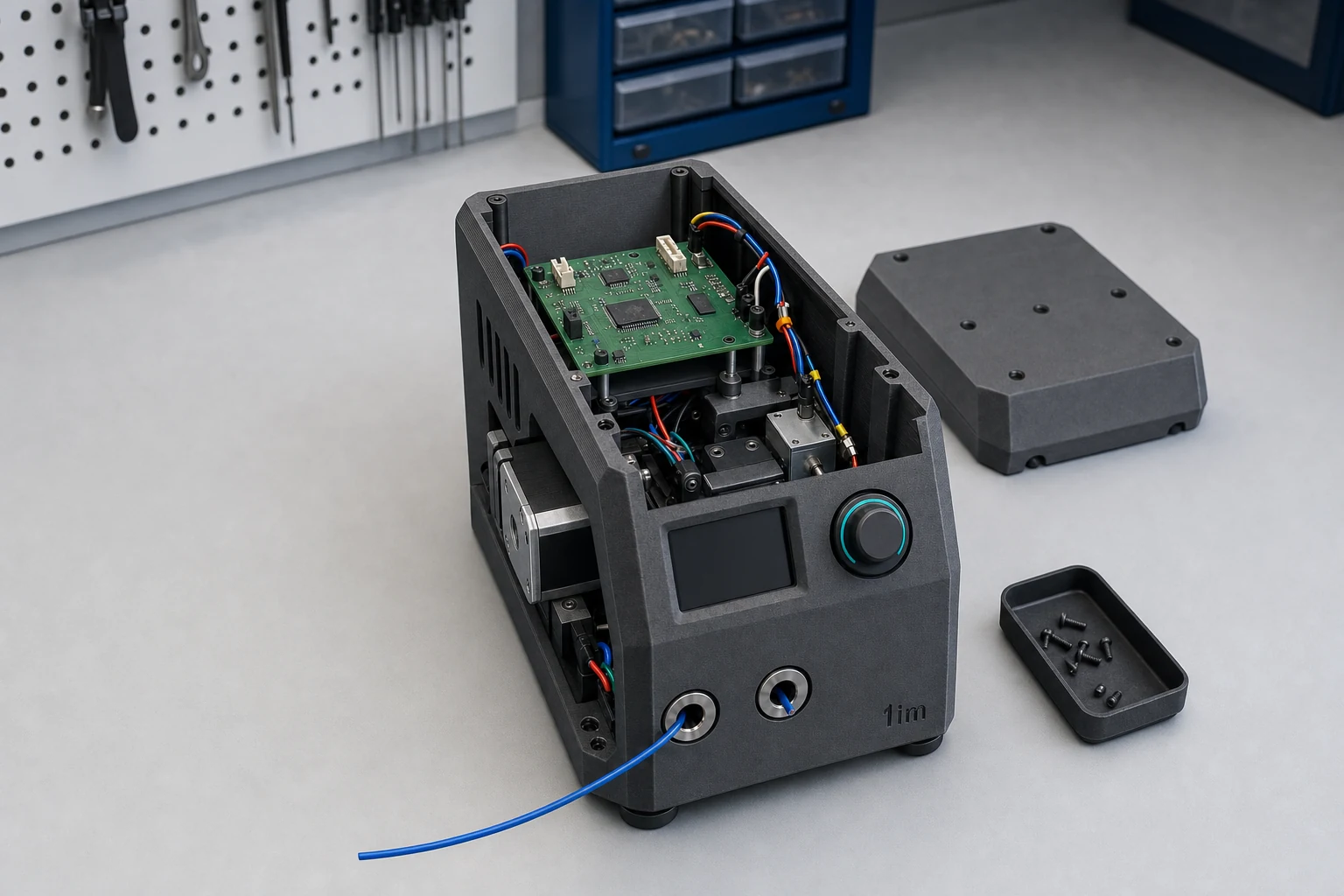 Elektronik kart, motor, besleme makaraları ve kabloların aynı 3D baskı gövdeye entegrasyonu