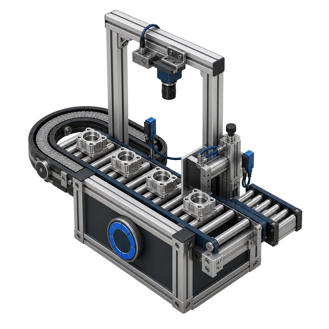 Proses optimizasyonunu temsil eden sensörlü modüler üretim hattı